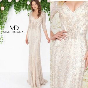 MAC DUGGAL THREE-QUARTER SLEEVE EMBELLISHED GOWN SIZE 10 NUDE PLATINUM